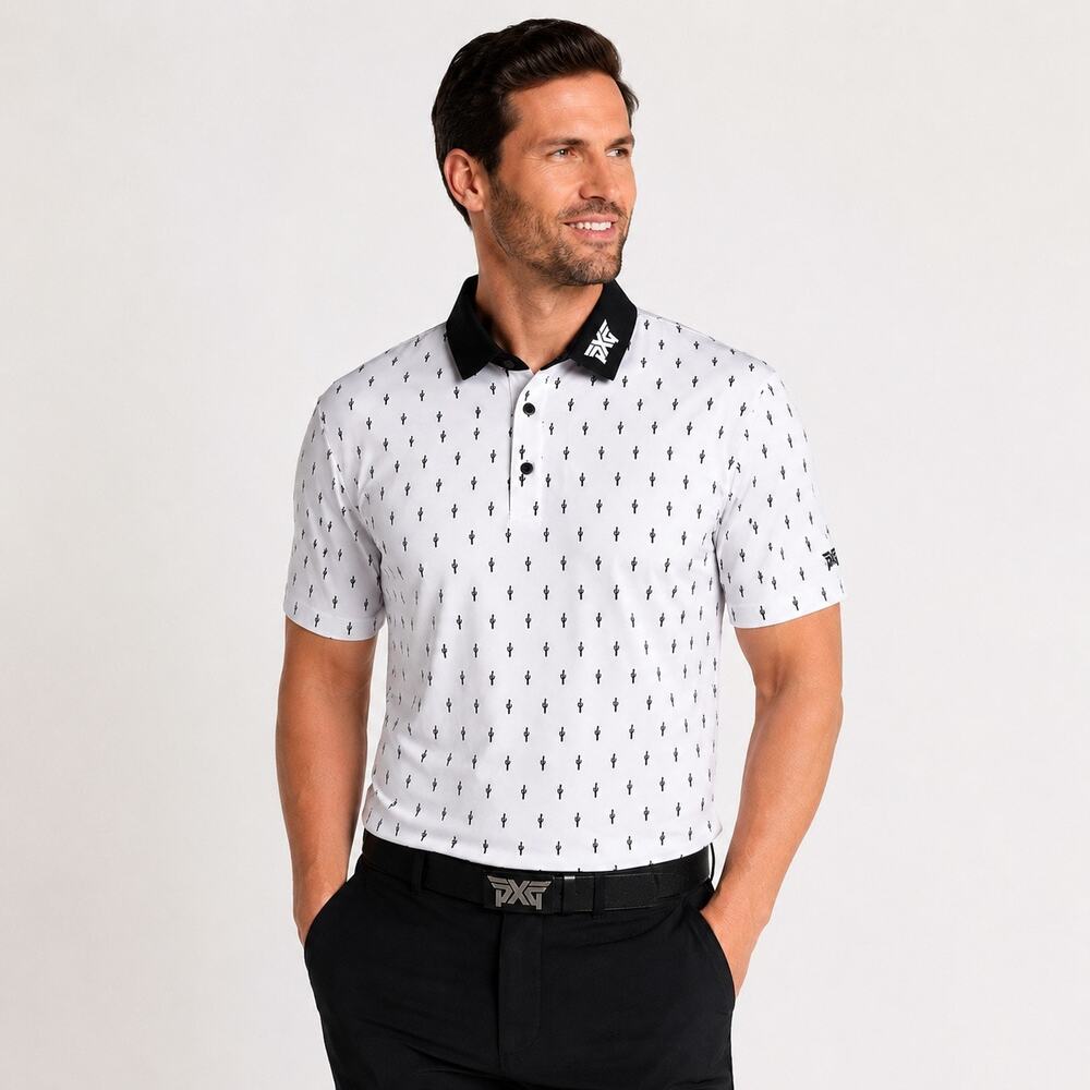 PXG Cactus Print Golf Polo Mens Medium White Black Performance UPF 50+